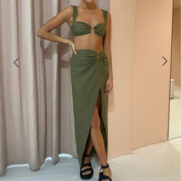 Rumer The Label olive green Byron ring asymmetrical front hem linen maxi skirt - Picture 4 of 12
